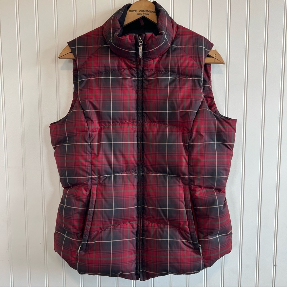 Eddie Bauer premium goose down‎ puffer vest women’s medium plaid black red